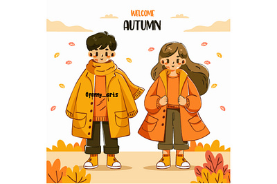 Hand Drawn Autumn Illustration autumn beautiful cartoon celebration character couple day event fall girl happy leaf leaves nature outside park people season tree warm