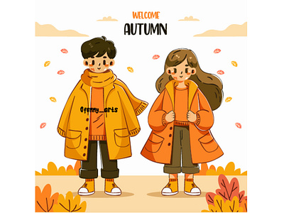 Hand Drawn Autumn Illustration autumn beautiful cartoon celebration character couple day event fall girl happy leaf leaves nature outside park people season tree warm