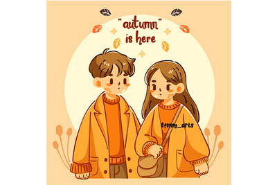 Hand Drawn Cartoon Illustration Cute Couple Autumn autumn beautiful cartoon celebration couple cozy cute day decoration fall leaf leaves love nature orange outside people season warm yellow