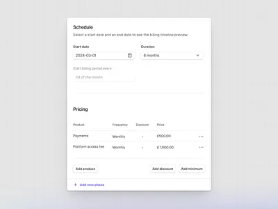 Schedule and pricing dashboard design product design web design