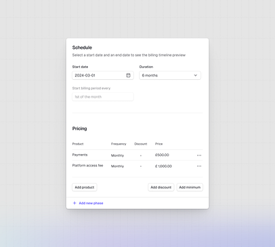 Schedule and pricing dashboard design product design web design