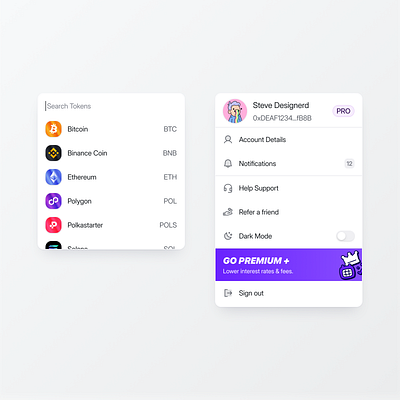 Dropdown menu for Web 3 app bitcoin crypto dropdown menu ui web3