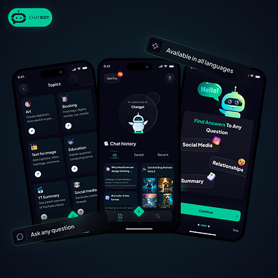 ChatBot AI application 🤖 3d animation app appdesign application chatbot dark mode figma illustration prototype trend ui ui ui ux uidesign user interface