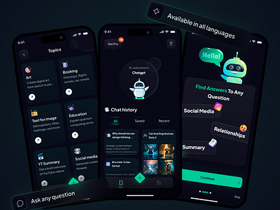 ChatBot AI application 🤖 3d animation app appdesign application chatbot dark mode figma illustration prototype trend ui ui ui ux uidesign user interface