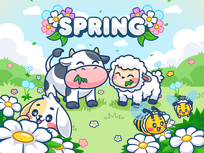 Catalyst Characters Season Illustration☘️🌸🐮🐝 animal bee cartoon character cow cute doodle eating flat flowers icon illustration leaf logo nature rabbit season sheep spring tree