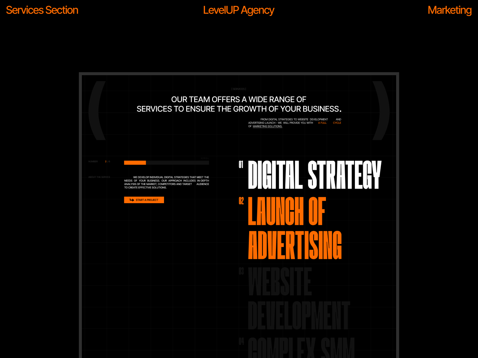 The third screen of the LevelUP marketing agency services web agency animation behance design didgital dribbble figma landing page levelup marketing marketing agency services ui ux web design web development webflow website wow efect