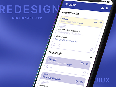 UIUX Redesign - Dictionary App appdesign blue branding darkmode design dictionary kbbi lightmode mobile purple redesign ui uiux uiuxdesign user interface ux