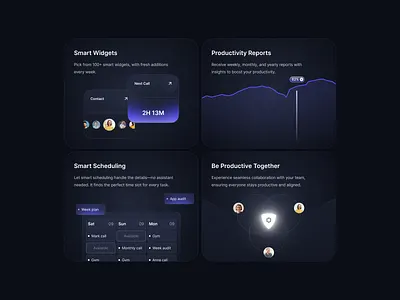 Cards design for a productivity app landing page bento cards cards design clean design clean ui clean ui ux component dark theme design framer framer landing page interface design landing page design productivity ui ui design ux design