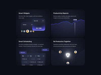 Cards design for a productivity app landing page bento cards cards design clean design clean ui clean ui ux component dark theme design framer framer landing page interface design landing page design productivity ui ui design ux design