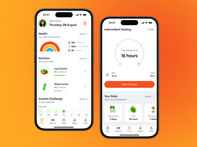 Fitness & Nutrition App activity app challenge design fasting fastingtracker fitnness health healthtracking intermittentfasting nutritionapp tabatatraining ui watertraker workout yoga