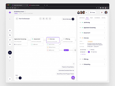 Hirely AI - Hiring Process Animation ai animation artificial intelligence automate hiring candidate crm dashboard dashboard animation design figma framer hr ai modern product design recruitment saas software as a service ui vemployment webflow