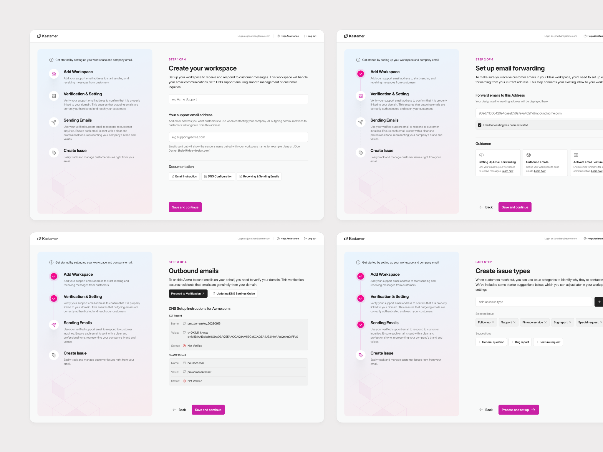 Kastamer - Onboarding Steps clean customer support email configuration guidance minimal onboarding saas saas platform stepper steps uiux web app