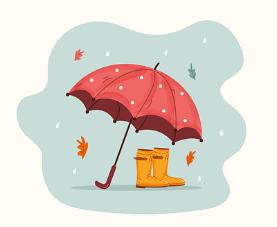 Umbrella and rubber boots under the rain with autumn leaves. art autumn branding decoration design graphic design illustration modern print trend ui