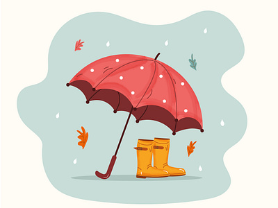 Umbrella and rubber boots under the rain with autumn leaves. art autumn branding decoration design graphic design illustration modern print trend ui