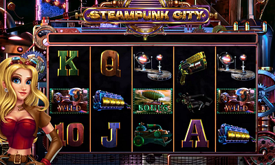 Online slot machine "Steampunk City" - The Main UI animation animation digital art gambling gambling animation gambling art game art game design game designer game reels graphic design motion graphics reels reels art reels design slot animation slot art slot design slot reels steampunk slot stempunk symbols