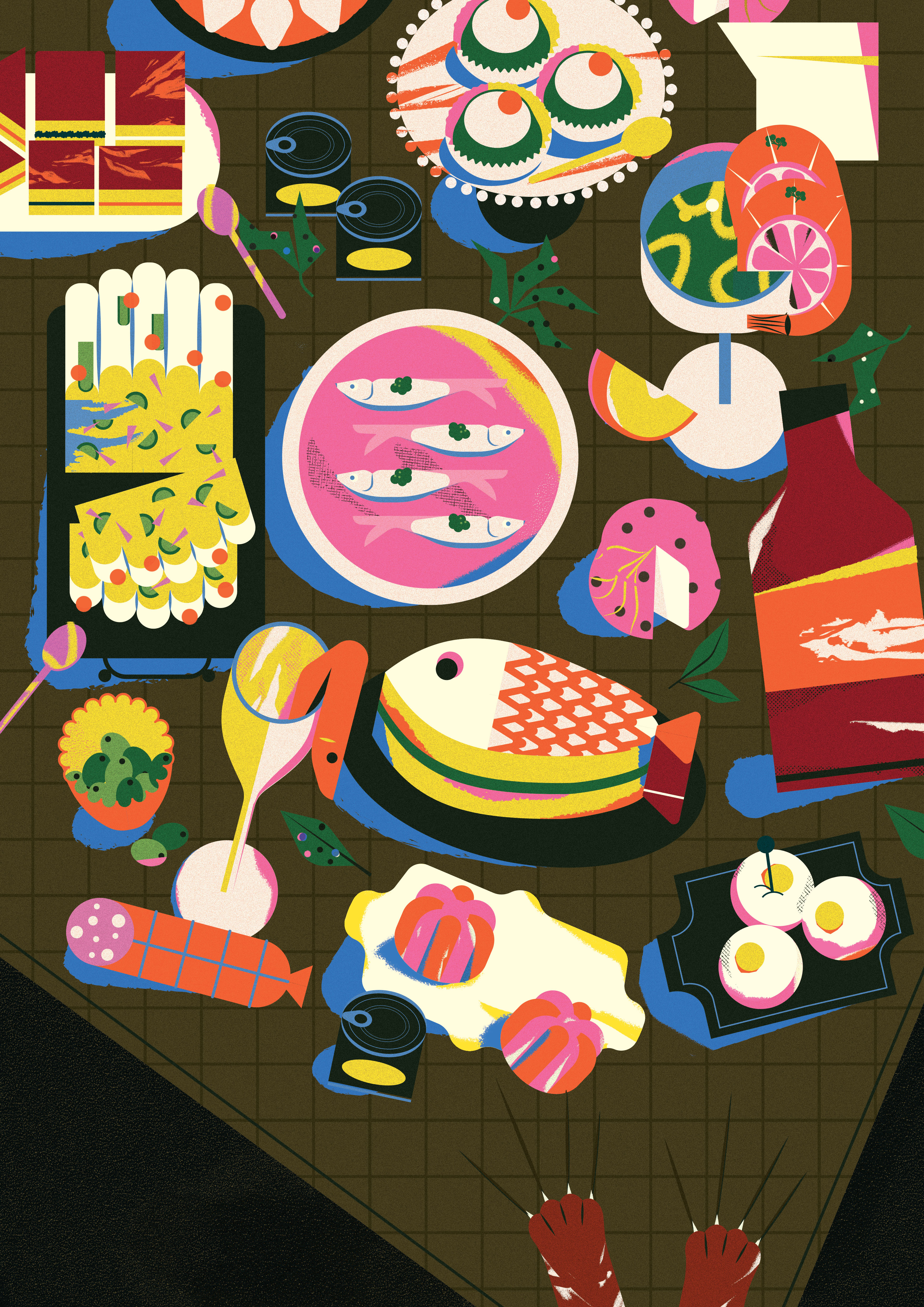 The Feast branding cat character design feast fish food illu illustration palette plate poster print sausage table vector vegetable
