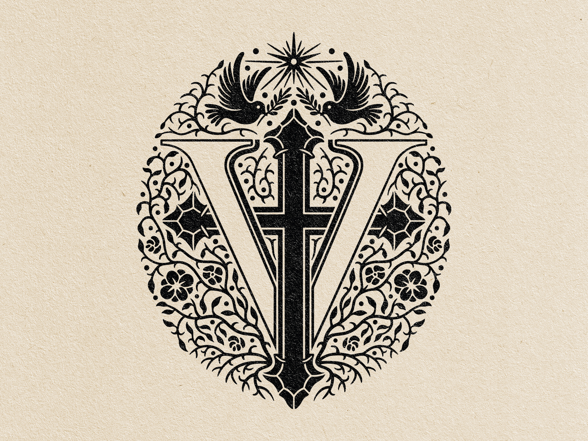 Visual Deliverance Logo badge design bible black and white illustration branding cross doves emblem design engraving illustration illustration logo monogram star vintage illustration