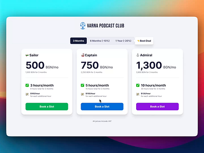 Pricing Page for Varna Podcast Club coworking space emojis landing page monthly fee monthly subscription plans plans and pricing podcast podcast studio price plans pricing pricing page pricing plans prototyping subscription subscription plans ui design ux design varna web design