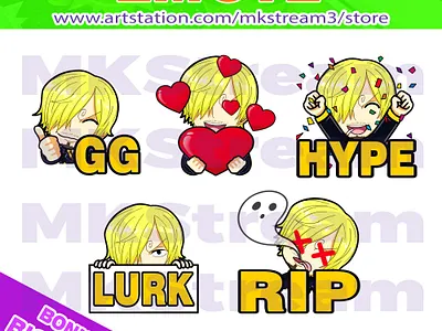Twitch Emotes One Piece Sanji gg, love, hype, lurk & rip pack animated emotes anime cute design emote emotes gg hype illustration love lurk one piece one piece emotes pirates rip sanji sanji emote sanji emotes sub badge twitch emotes