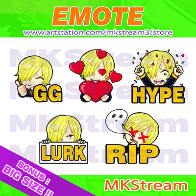 Twitch Emotes One Piece Sanji gg, love, hype, lurk & rip pack animated emotes anime cute design emote emotes gg hype illustration love lurk one piece one piece emotes pirates rip sanji sanji emote sanji emotes sub badge twitch emotes