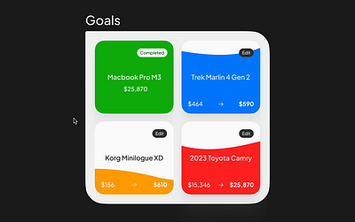 Progress Cards animation app cards completed cost design edit figma flowing goals illustration money progress savings ui ux waves