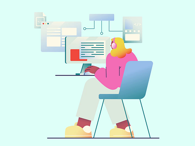 Woman sitting at desk and programming 2d animation character animation character design code coder coding design dev developer illustration interface it motion graphics programming code ui web woman workflow workspace