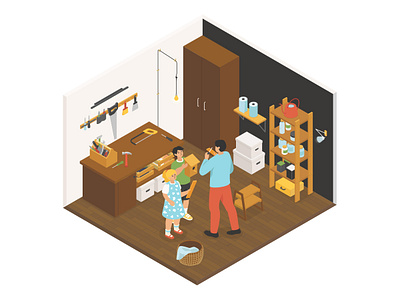 Carpentry Workshop - Isometric Illustration carpentry design family handicraft hobby illustration indoors isometric isometric illustration isometry leisure style tool workshop