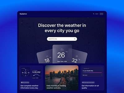 Weather App Software Saas Website UI Design app blue dark mode design home page landing page saas sitio web software sunny temperature ui design ui ux weather weather app weather widget web design webdesign website widget