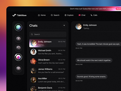 Left menu for messaging app active bar chat chat screen dark mode design icons left menu messaging states