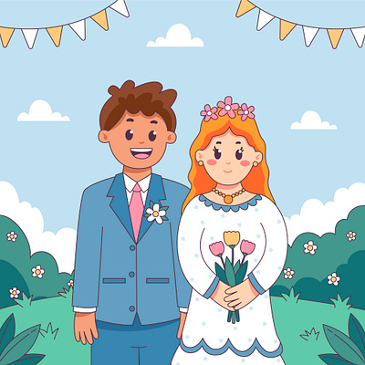 Wedding couple beauty cartoon character colorful couple cute design flower graphic design grass handsome illustration man people wedding women