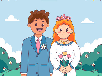 Wedding couple beauty cartoon character colorful couple cute design flower graphic design grass handsome illustration man people wedding women