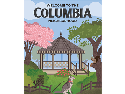 Columbia Neighborhood Sign bellingham blossom branding cherry tree family flowers foliage forest gazebo graphic design illustration leaves neighborhood pacific northwest park sign design signage squirell texture vector