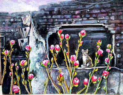 Life Blossoms in the Ruins: Acrylic Painting of War-Torn Ukraine art cat flower hand painted handmade painting ukraine war