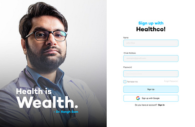 Sign Up page for a healthcare organisation ui