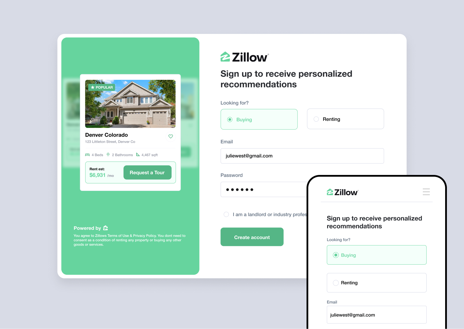 Example of Sign Up screen property rental