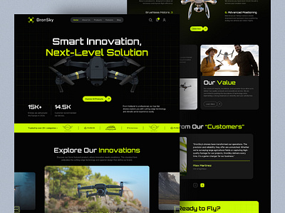 DronSky: A Drone Brand Landing Page aesthetic design dark mode design drone drone landing page dronetechnology landing page modern dark mode design modern design trend ui user interface ux website