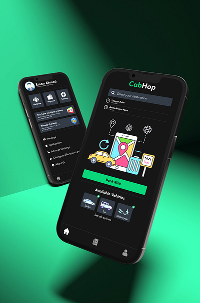 CabHop App UI Design appdesign appforsale cabbookingapp cabhop demoproject designportfolio mobileappui portfolioproject ridebookingapp ridehailingapp uiuxdesign userexperience