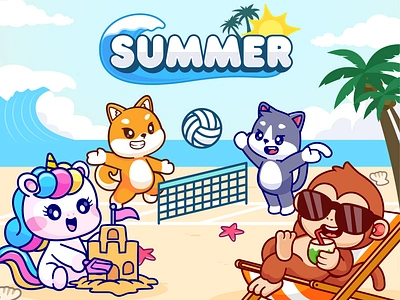 Summer Season Illustration☀️🌊⛱️🏝️ animal beach bench cat character cute dog doodle icon illustration logo monkey playing sea season shiba inu summer sun unicorn volley