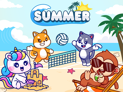 Summer Season Illustration☀️🌊⛱️🏝️ animal beach bench cat character cute dog doodle icon illustration logo monkey playing sea season shiba inu summer sun unicorn volley