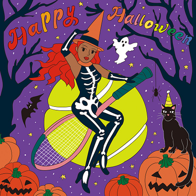 Happy Halloween Illustration artwork cat character costume drawing graphic design halloween illustration korean pumpkin racket skeleton sports tennis witch