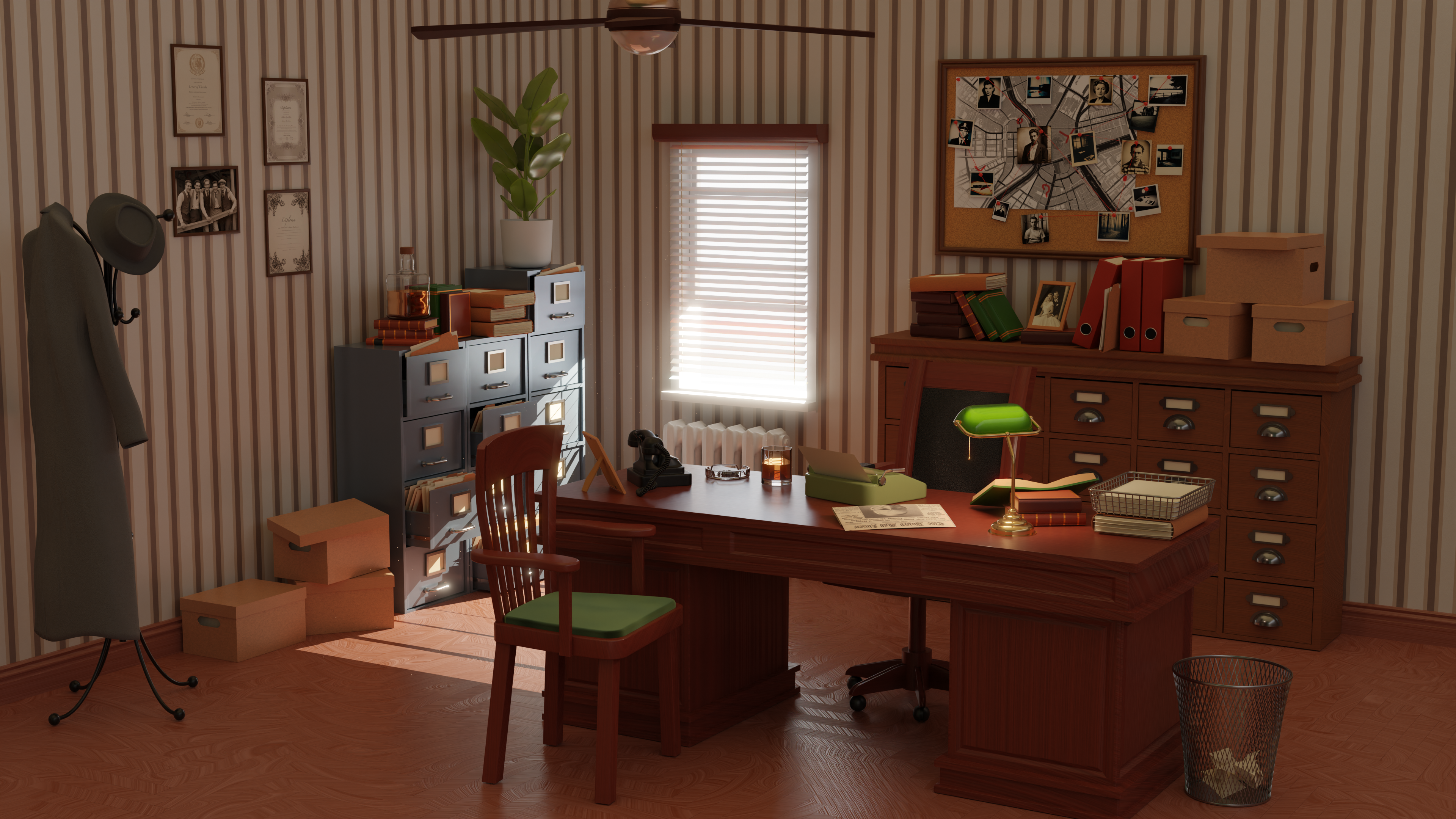 Noir detective's office 3D scene concept 3d 3d render blender cabinet concept concept art cosy design detective game art illustration interior noir office