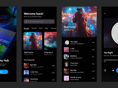 Music App UI Design app app re design figma music app music library music streaming offline music personalized playlists song lyrics soundtracks uiux