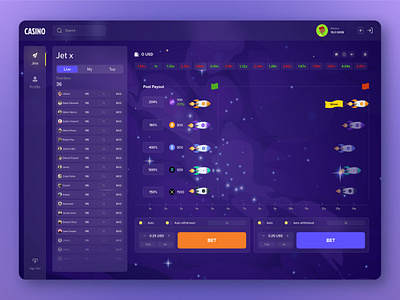 Jet X - Online Casino (Interface) betting casino casino app casino interface casino website crash crypto casino gambling gambling interface game interface jet x live casino mines online casino ui web casino web casino design