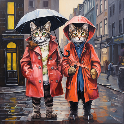 Cute Fashionable Cat couple at Rainy Day (Oil Painting) 3d 3d visualization logo