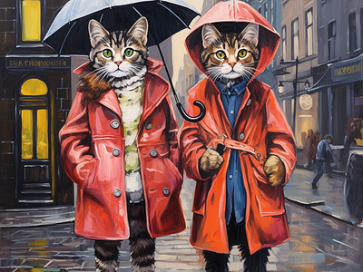 Cute Fashionable Cat couple at Rainy Day (Oil Painting) 3d 3d visualization logo