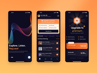 🎧 Explore, Listen, Repeat – Podcast App UI Design 🔥 agency app design app ui dark design dark ui figma app design figma design focotik mobile app ui music app podcast app podcast lovers premium app ui ui ux design ux