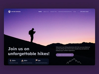 Hiking landing page Dark Mode Web Design UI UX black daily dailyui dailyuichallange dark mode design framer hero section hiker hiking landing page product design responsive design shadow travel ui ui ux violet web design website