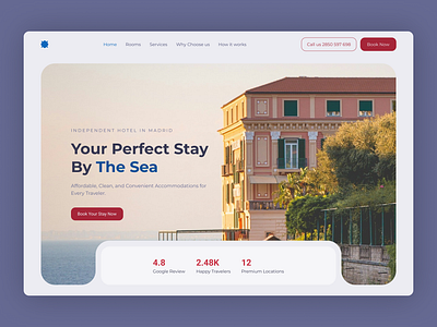 Hotel landing page Light Mode Web Design UI UX airbnb blue booking daily dailyui dailyuichallange design framer hero section hotel landing page product design responsive design sea travel ui ui ux web design website white