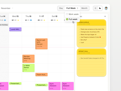 Calendar app dashboard elegant events lightmode minimal notes saas