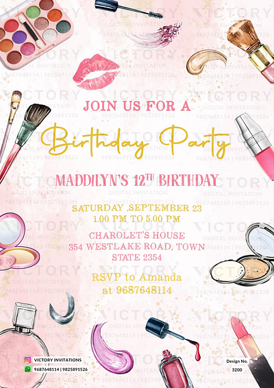 Birthday Party Invitation card in makeup design 3200 birthday design graphic design illustration invitation photoshop